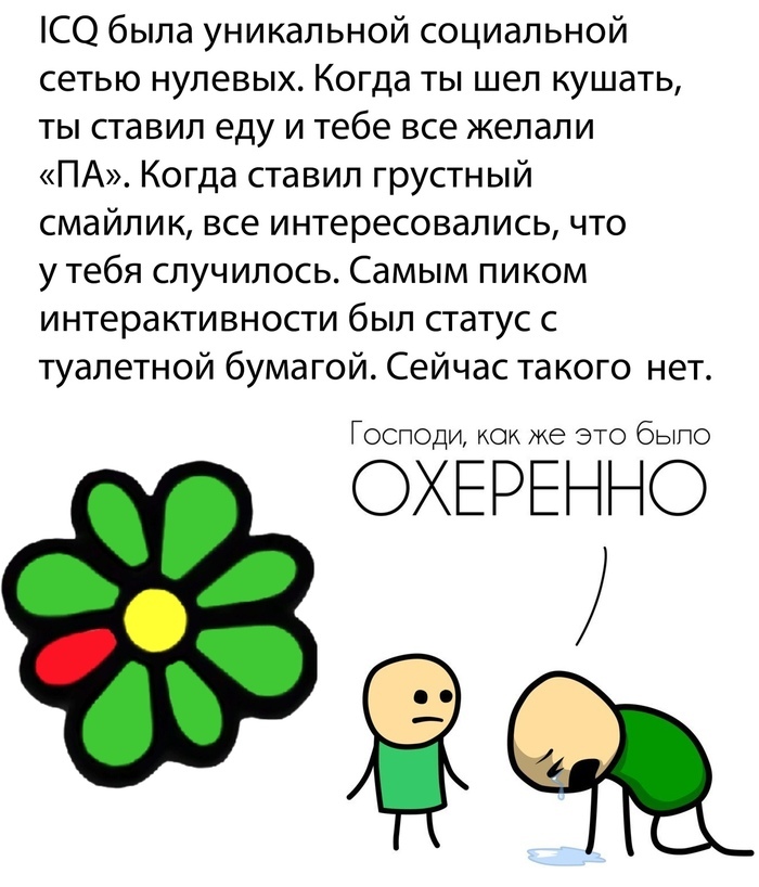 СО была уникальной социальной сетью нулевых Когда ты шел кушать ты ставил еду и тебе все желали ПА Когда ставил грустный смайлик все интересовались что у тебя случилось Самым пиком интерактивности был статус с туалетной бумагой Сейчас такого нет Господи как же это было ОХЕРЕННО