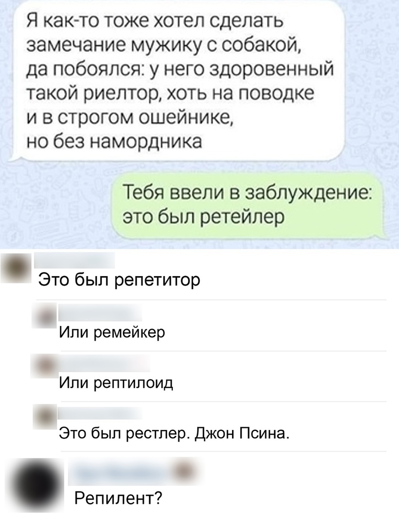 Я как то тоже хотел сделать замечание мужику с собакой да побоялся у него здоровенный такой риелтор хоть на поводке и в строгом ошейнике но без намордника Тебя ввели в заблуждение это был ретейлер Это бьитрепетитор Ипи ремейкер Ипи рептипоид Это был рестлер Джон Псина Репилент
