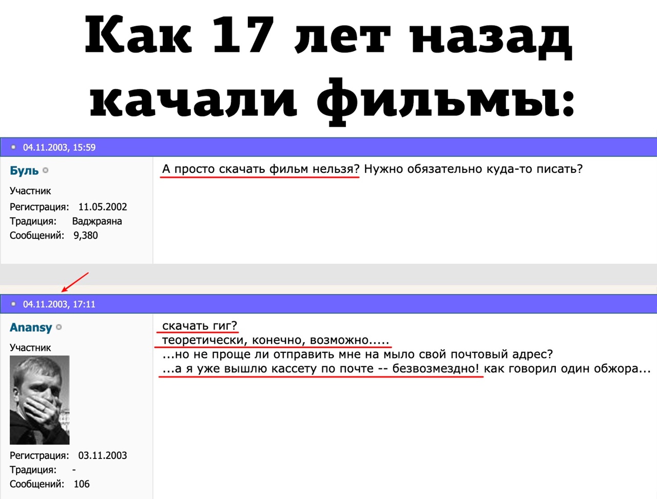 Как 17 лет назад качали фильмы Буль о А просго скачать фильм нельзя Нужно обязательно куда то писать Участник Регистрация 11052002 Традиция Баджраяна Сообщений 9380 04112003 1711 Апапзу 0 скачать гиг Е и конечно возможно но не проще ли отправить мне на мыло свой почтовый адрес а я уже вышлю кассету по почте безвозмездно как говорил один обжора Учапник Регистрация 031 12003 Традиция Сообщений 106