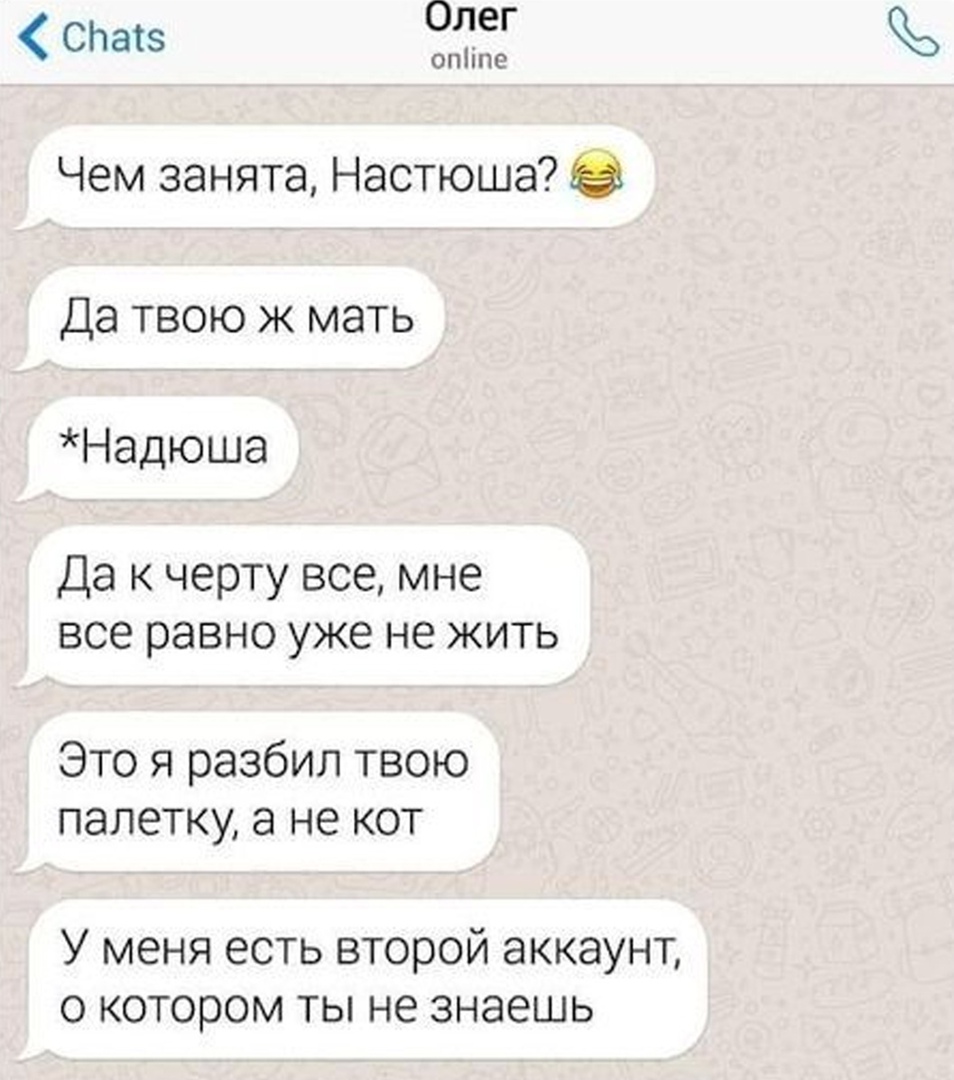 СЬатз Олег опііпе Чем занята Настюша Да твою ж мать Надюша Да к черту все мне все равно уже не жить Это я разбил твою палетку а не кот У меня есть второй аккаунт о котором ты не знаешь