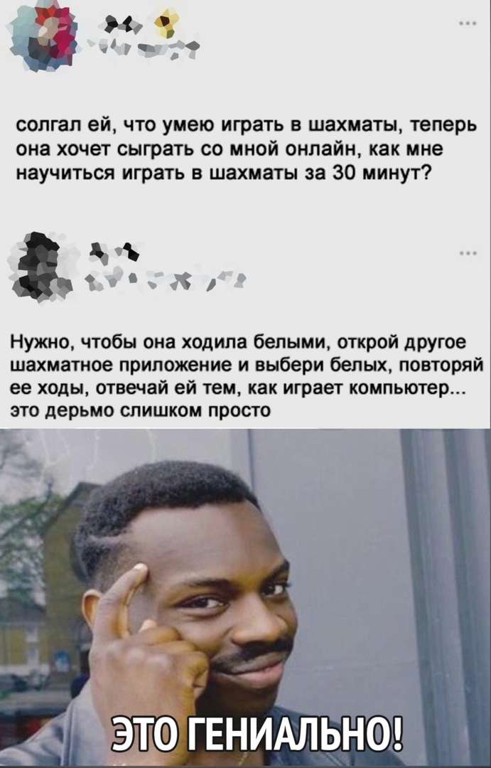 М в О солгал ей что умею играть в шахматы теперь она хочет сыграть со мной онлайн как мне научиться играть в шахматы за 30 минут Х 0 Нужно чтобы она ходипа белыми открой другое шахматное приложение и выбери белых повторяй ее ходы отвечай ей тем как играет компьютер это дерьмо слишком просто гвнимьнш