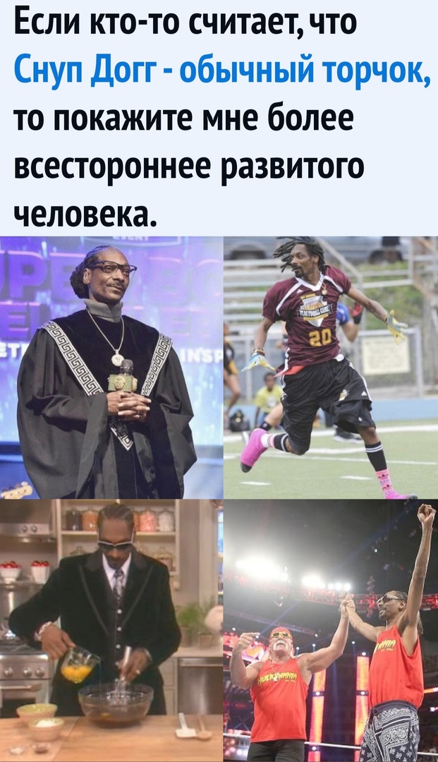 Если кто то считает что Снуп Догг обычный торчок то покажите мне более всестороннее развитого челоёка