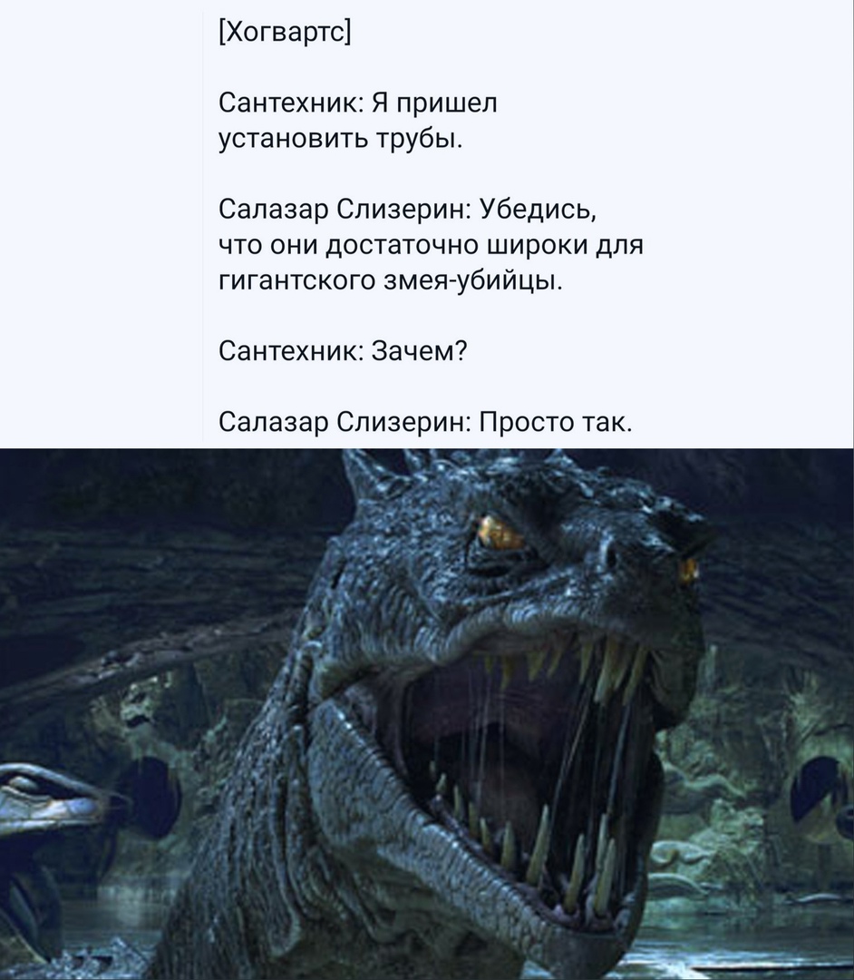 Хогвартс Сантехник Я пришел установить трубы Салазар Слизерин Убедись что они достаточно широки для гигантского змея убийцы Сантехник Зачем Салазар Слизерин Просто так