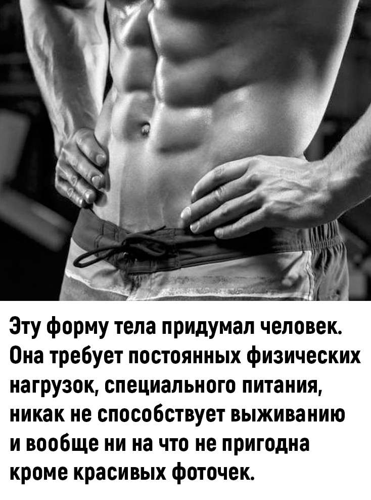 Эту форму тела придумал человек Она требует постоянных физических нагрузок специального питания никак не способствует выживанию и вообще ни на что не пригодна кроме красивых фоточек