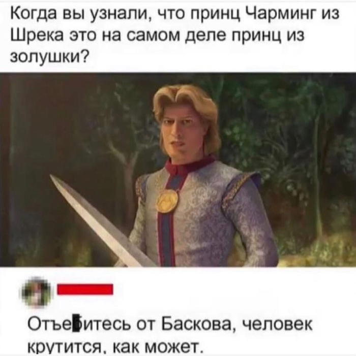 Когда вы узнали что принц Чарминг из Шрека это на самом деле принц из зопушки Отъеитесь от Баскова человек крутится как может