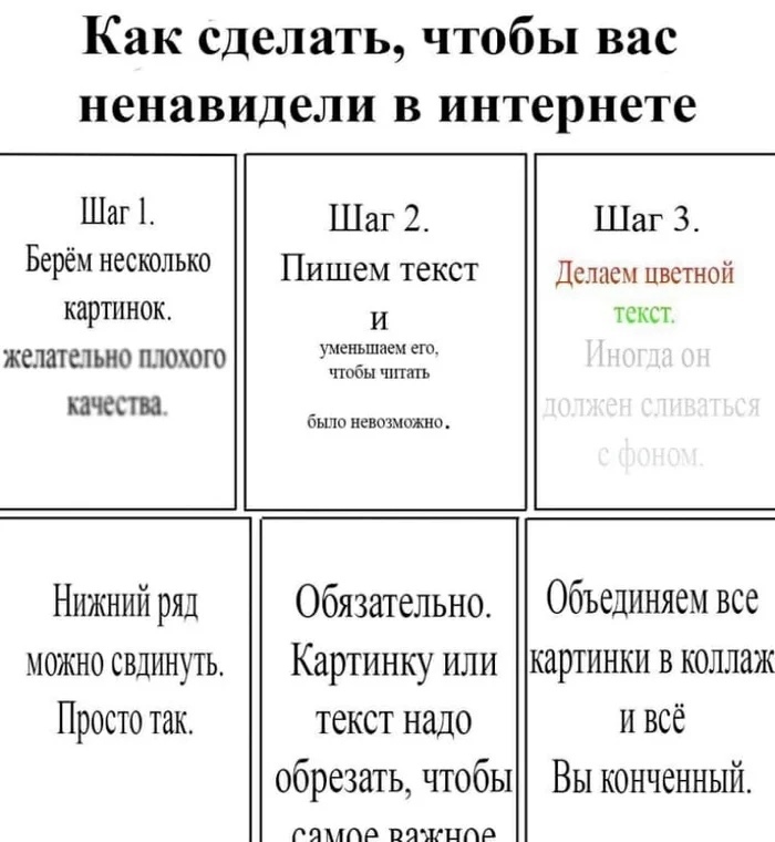 Как сделать чтобы вас ненавидели в интернете Шаг 1 Берём несколько картинок желательно плохого качества Нижний ряд можно свдинуть Просто так Шаг 2 Пишем текст и Шеньшием его пабы чптшь было исвшшино Обязательно Картинку или текст надо обрезать чтобы МИЛА ВЯЖЦПР Шаг 3 Делаем цветной текст Объединяем все картинки в коллаж и всё Вы конченный