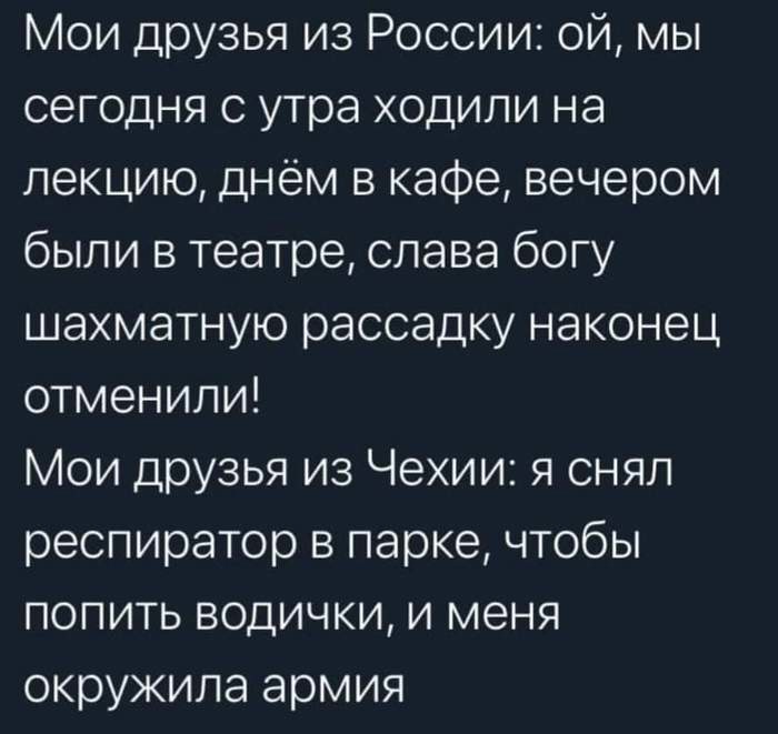 Мои друзья из России ой мы сегодня с утра ходили на лекцию днём в кафе вечером были в театре слава богу шахматную рассадку наконец отменили Мои друзья из Чехии я снял респиратор в парке чтобы попить водички и меня окружила армия