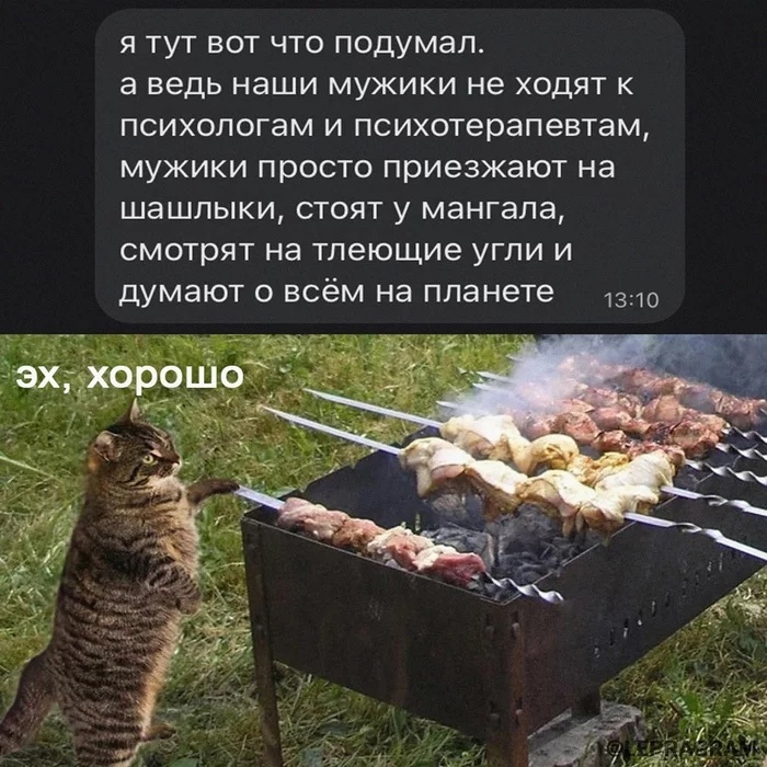я тут вот что подумал а ведь наши мужики не ходят к психологам и психотерапевтам мужики просто приезжают на шашлыки стоят у мангале смотрят на тлеющие угли и думают о всём на планете 1310