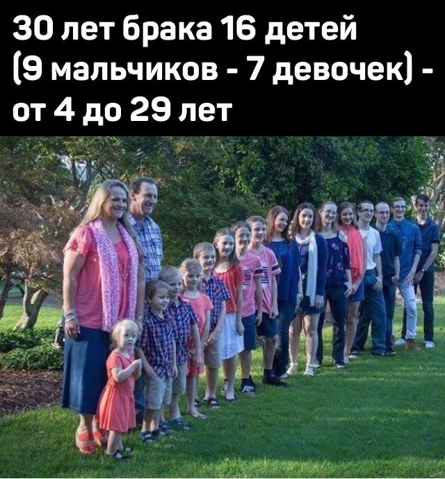 30 лет брака 16 детей 9 мальчиков 7 девочек от 4 до 29 ет