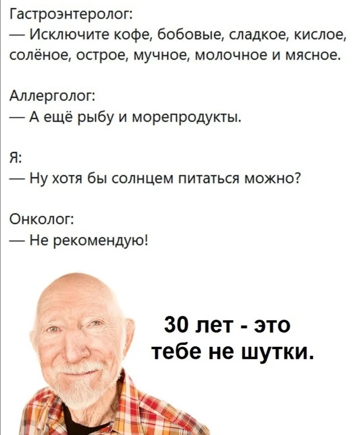 Гастроэнтеролог Исключите кофе бобовые сладкое кислое солёное острое мучное молочное и мясное Аллерголог А ещё рыбу и морепродукты Я Ну хотя бы солнцем питаться можно Онколог Не рекомендую 30 лет это тебе не шутки