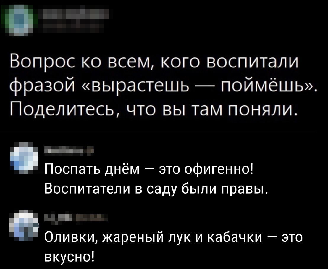 Вопрос ко всем кого воспитали фразой вырастешь поймёшь Поделитесь что вы там поняли Поспать днём это офигенно Воспитатели в саду были правы Оливки жареный лук и кабачки это вкусно