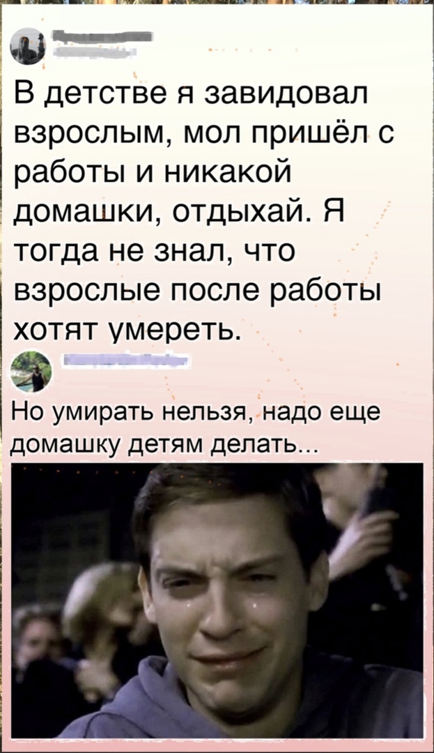 В детстве я завидовал взрослым мол пришёл с работы и никакой домашки отдыхай Я тогда не знал что взрослые после работы хотят умереть тэ Но умирать нельзя надо еще домашку детям делать
