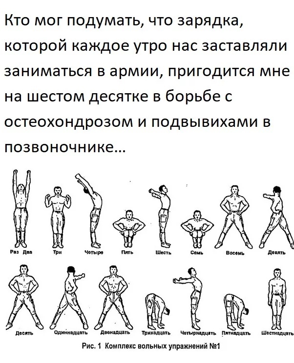 Кто мог подумать что зарядка которой каждое утро нас заставляли заниматься в армии пригодится мне на шестом десятке в борьбе с остеохондрозом и подвывихами в ПОЗВОНОЧНИКе опции длит днищ тым ш ч шршшпь ним дцп Шшшш п м 1 Коммаш вольных упражнений 1