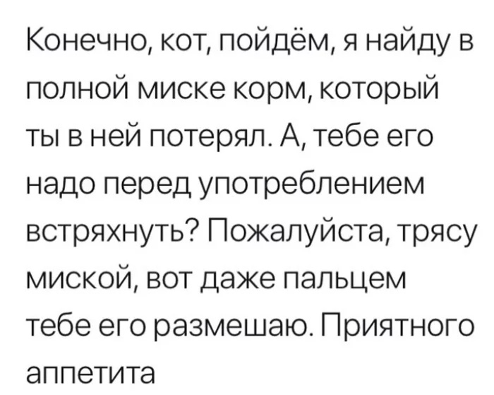 Конечно кот пойдём я найду в полной миске корм который ты в ней потерял А тебе его надо перед употреблением встряхнуть Пожалуйста трясу миской вот даже пальцем тебе его размещаю Приятного аппетита