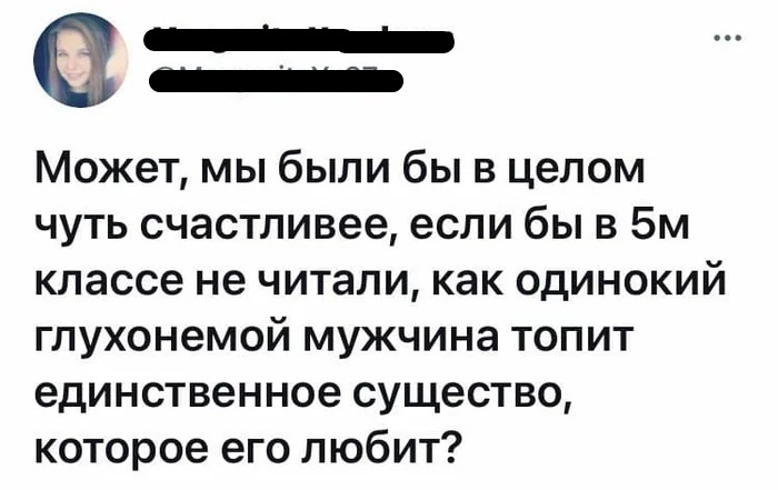 _ Может мы были бы в целом чуть счастливее если бы в ВМ классе не читали как одинокий глухонемой мужчина топит единственное существо которое его любит