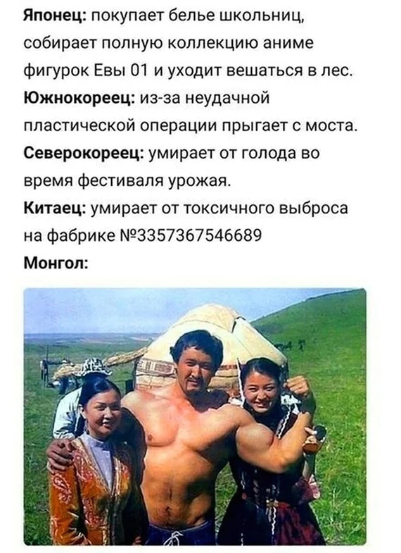 Японец покупает белье школьниц собирает полную коллекцию аниме Фигурок Евы 01 и уходит вешаться в лес Южнокореец из за неудачной пластической операции прыгает С моста Северокореец умирает от голода во время фестиваля урожая Китаец умирает ОТ ТОКСИЧНОГО выброса на фабрике 3357367546689 Монгол