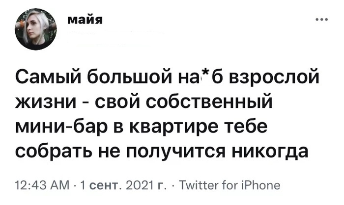 майя Самый большой нахб взрослой жизни свой собственный мини бар в квартире тебе собрать не получится никогда 1243 АМ 1 сент 2021 г Тшігтег тог іРЬопе