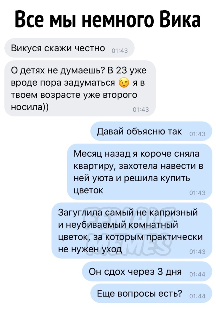 Все мы немного Вика ВИКУСЯ СКЭЖИ ЧЭСТНО О детях не думаешь В 23 уже вроде пора задуматься я в твоем возрасте уже второго носила Давай объясню так Месяц назад я короче сняла квартиру захотела навести в ней уюта и решила купить цветок Загуглила самый не капризный и неубиваемый комнатный цветок за которым практически не нужен уход Он сдох через 3 дня Еще вопросы есть