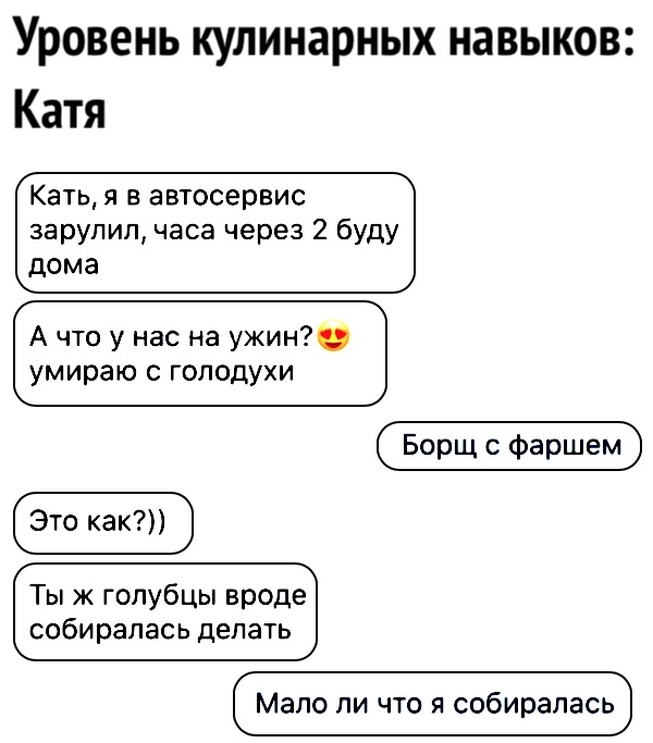 Уровень кулинарных навыков Катя Кать я в автосервис зарупип часа через 2 буду дома А что у нас на ужин умираю с голодухи Борщ Фаршем Ты ж голубцы вроде собиралась депать Мало ли что я собиралась