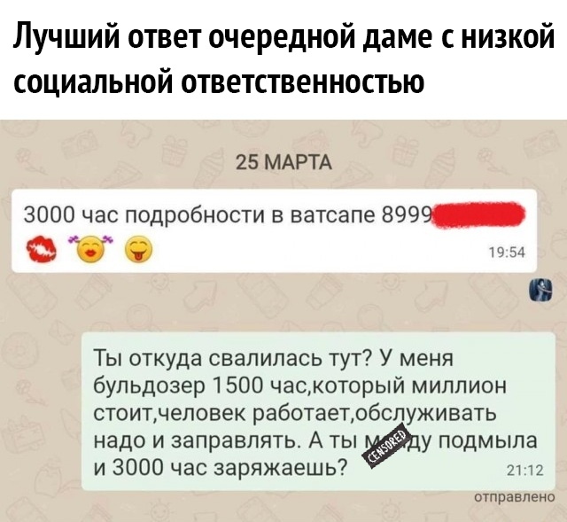 Лучший ответ очередной даме с низкой социальной ответственностью 25 МАРТА 3000 час подробности в ватсапе 899_ с с о Ты откуда свалилась тут У меня бульдозер 1500 часмоторый миллион стоитчеловек работаетобспуживать надо и заправлять А ты элу подмыпа и 3000 час заряжаешь и 12 отправлено