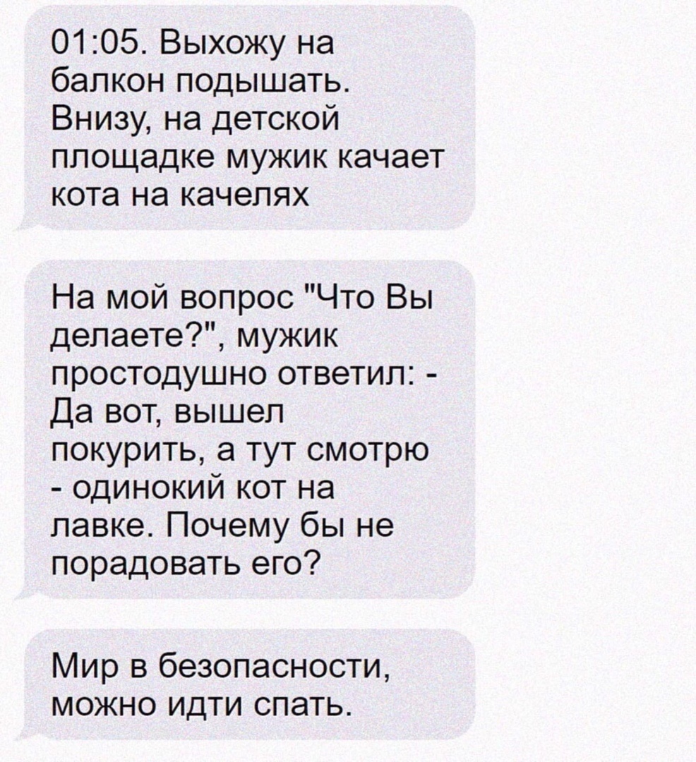 0105 Выхожу на балкон подышать Внизу на детской площадке мужик качает кота на качелях На мой вопрос Что Вы делаете мужик простодушно ответил Да вот вышел покурить а тут смотрю одинокий кот на лавке Почему бы не порадовать его Мир в безопасности можно ИДТИ спать