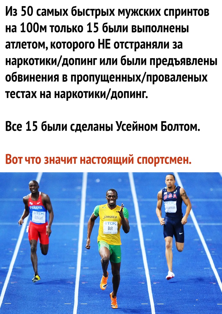 Из 50 самых быстрых мужских спринтов на 100м только 15 были выполнены атлетом которого НЕ отстраняли за наркотикидопинг или были предъявлены обвинения в пропущенныхпроваленых тестах на наркотикидопинг Все 15 были сделаны Усейном Болтом Вот что значит настоящий спортсмен