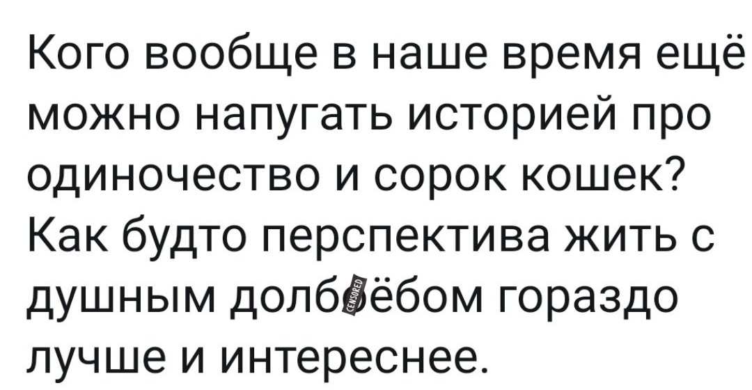 Кого вообще в наше время ещё можно напугать историей про одиночество и сорок кошек Как будто перспектива жить с душным долбёёбом гораздо лучше и интереснее