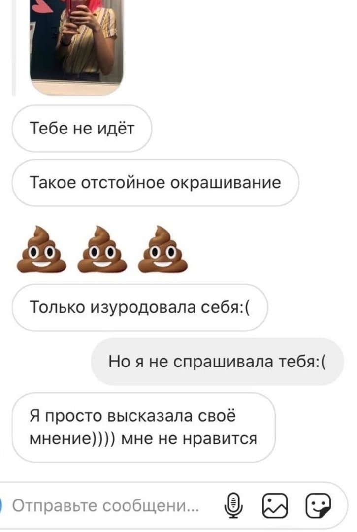 Тебе не идёт Такое ОТСТОЙНОЭ окрашивание Только изуродовала себя Но я не спрашивала тебя Я просто высказала своё мнение мне не нравится Отправьте сообщени