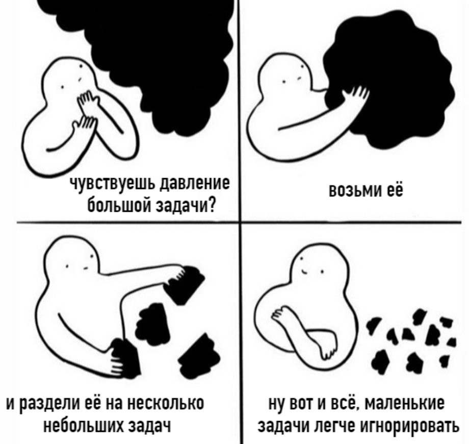 ЧУВСТВУ8ШЬ ДЗВЛЕНИЕ _ возьми её большом задачи и раздели её на несколько небольших задач НУ ВОТ И ВСЁ маленькие задачи ЛЗГЧЕ ИГНОРИРОВЗТЬ