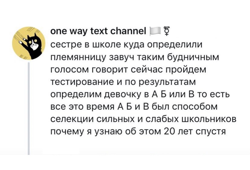 опе мау тех сЬаппеі сестре в школе куда определили племянницу завуч таким будничным голосом говорит сейчас пройдем тестирование и по результатам определим девочку в А Б или В то есть все это время А Б и В был способом селекции сильных и слабых школьников почему я узнаю об этом 20 лет спустя