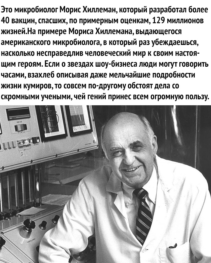 Это микробиолог Морис Хиллеман который разработал более 40 вакцинспасших по примерным оценкам 129 миллионов жизнейНа примере Мориса Хиллемана выдающегося американского микробиолога в который раз убеждаешься насколько несправедлив человеческий мир к своим настоя щим героям Если о звездах шоу бизнеса люди могут говорить часами взахлеб описывая даже мельчайшие подробности жизни кумиров то совсем по д