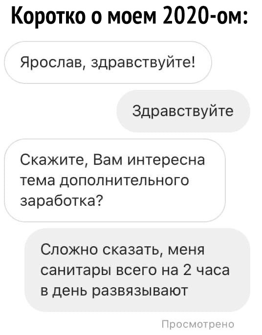 Коротко о моем 2020 ом Ярослав здравствуйте Здравствуйте Скажите Вам интересна тема дополнительного заработка СЛОЖНО СКЭЗЭТЬ МЕНЯ санитары ВСЭГО на 2 часа В день развязывают