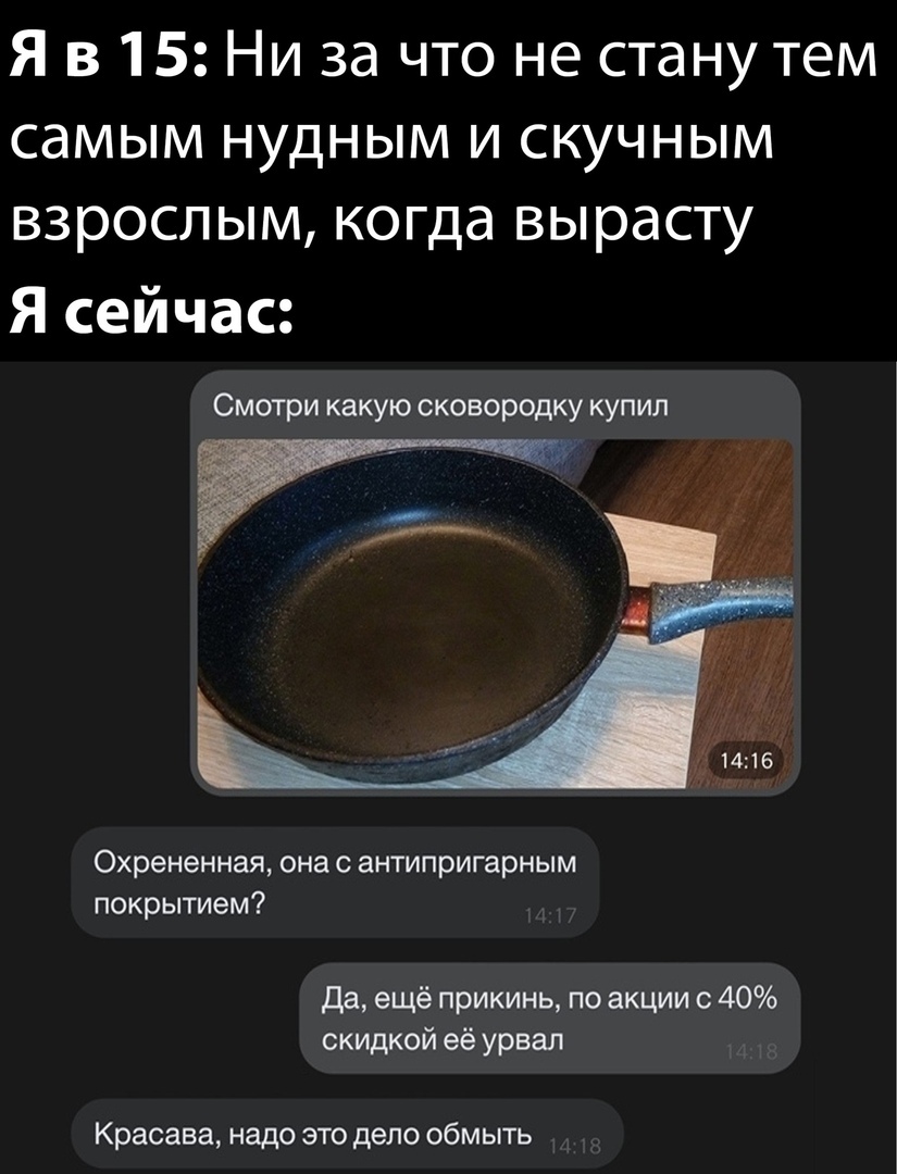 Я в 15 Ни за что не стану тем самым нудным и скучным взрослым когда вырасту Я сейчас Смотри какую сковородку купил Охрененная она с антипригарным покрытием Да ещё прикинь по акции с 40 скидкой её урвал Красава надо это дело обмыть