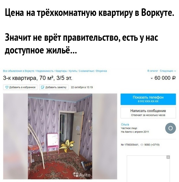 Цена на трёхкомнатную квартиру в Воркуте Значит не врёт правительство есть у нас доступное жильё м з ищи мшипв з 3 к квартира 70 35 эт 60 000 9 Написать сообщение мы ш ц одарить идите Блюшу им на в мм
