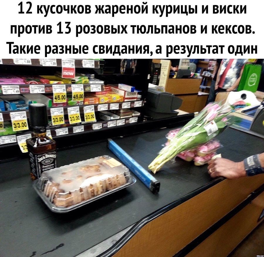 12 кусочков жареной курицы и виски против 13 розовых тюльпанов и кексов