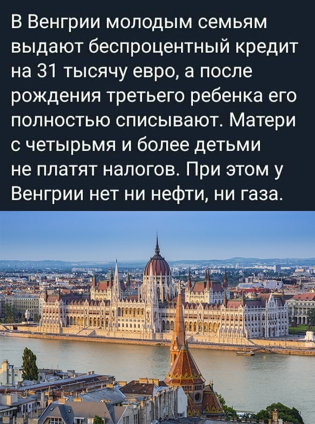 В Венгрии молодым семьям выдают беспроцентный кредит на 31 тысячу евро а после рождения третьего ребенка его полностью списывают Матери с четырьмя и более детьми не платят налогов При этом у Венгрии нет ни нефти ни газа
