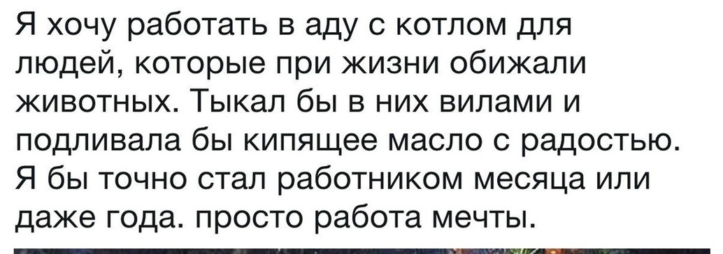 Я хочу работать в аду с котлом для людей которые при жизни обижали животных Тыкал бы в них вилами и подливала бы кипящее масло с радостью Я бы точно стал работником месяца или даже года просто работа мечты