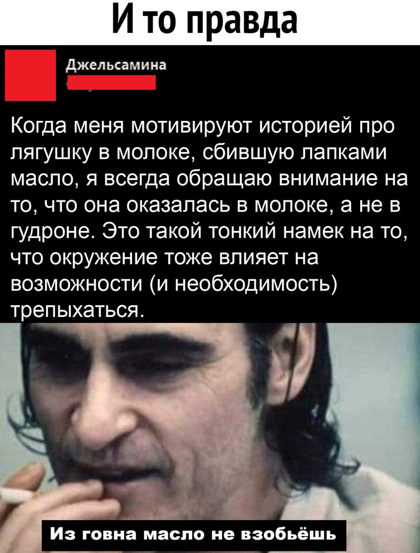 джельсамина Когда меня мотивируют историей про лягушку в молоке сбившую лапками масло я всегда обращаю внимание на то что она оказалась в молоке а не в гудроне Это такой тонкий намек на то что окружение тоже влияет на возможности и необходимость трепыхаться Из говна масло не взобьёшь