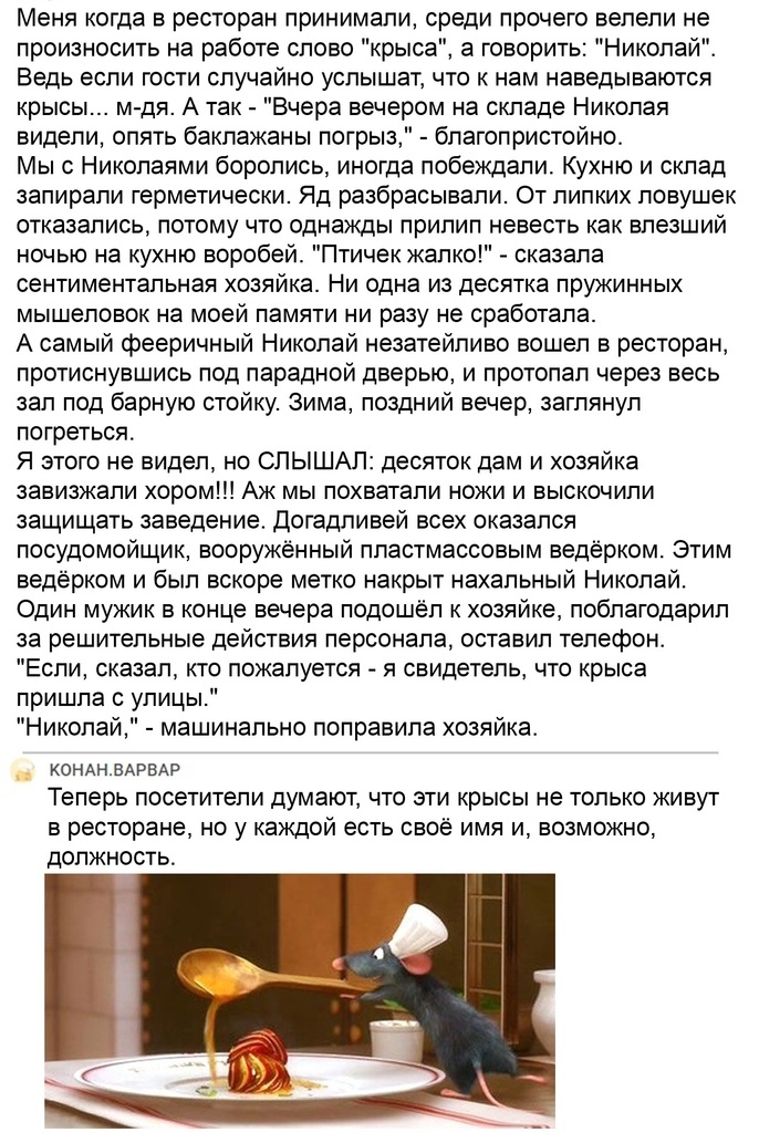 Меня когда в ресторан принимали среди прочего велели не произносить на работе слово крыса а говорить Николай Ведь если гости слушайно услышат что к нам наведываются крысы м дя А так Вчера вечером на складе Николая видели опять баклажаны погрыз благопристойно Мы с Николаями боролись иногда побеждали Кухню и склад запирали герметически Яд разбрасывали От липких ловушек отказались потому что однажды 