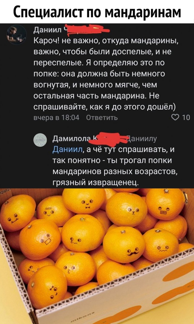 ЕЦИЗЛИСТ ПО ма дари М Даниил _ Кароч не важно откуда мандарины важно чтобы были доспелые и не переспелые Я определяю это по попке она должна быть немного вогнутая и немного мягче чем остальная часть мандарина Не спрашивайте как я до этого дошёл вчера в1804 Ответить О 10 дамилола Даниилу Даниил а чё тут спрашивать и так понятно ты трогал попки мандаринов разных возрастов грязный извращенец Ф