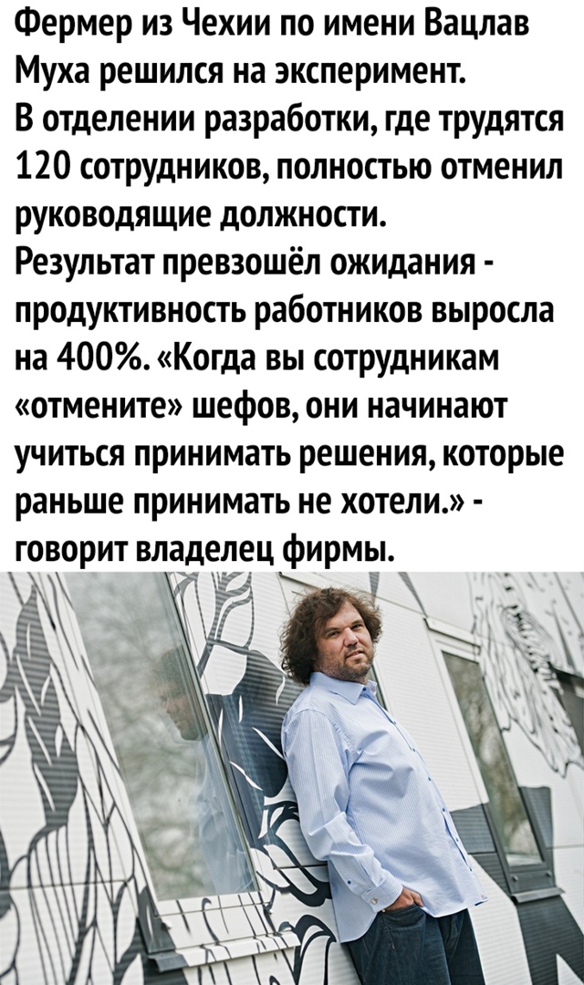 Фермер из Чехии по имени Вацлав Муха решился на эксперимент В отделении разработки где трудятся 120 сотрудников полностью отменил руководящие должности Результат превзошёл ожидания продуктивность работников выросла на 400 Когда вы сотрудникам отмените шефов они начинают учиться принимать решения которые раньше принимать не хотели ГОВОРИТ владелец фирмы