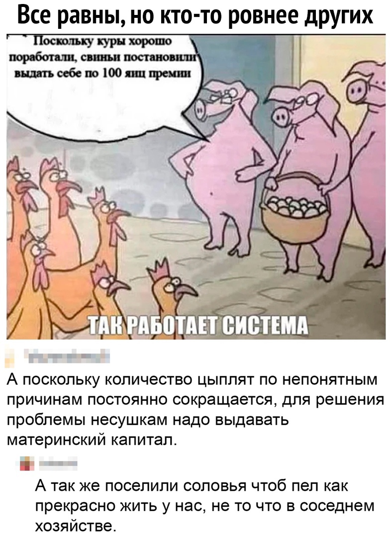 Все равны но кто то ровнее других _ ЖьРМЁШЕЁЮЁТША А ПОСКОЛЬКУ КОЛИЧЭСТВО ЦЫПЛЯТ ПО НЭПОНЯТНЫМ ПРИЧИНЭМ ПОСТОЯННО СОКРЭЩЭеТСЯ ДПЯ решения проблемы НЭСУШКЗМ надо ВЫДЗВЗТЬ МЭТЭРИНСКИЙ капитал Г А так же поселили соловья чтоб пел как прекрасно жить у нас не то что в соседнем хозяйстве