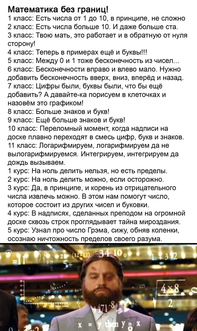 Математика без границ 1 класс Есть числа от 1 до 10 в принципе не сложно 2 класс Есть числа больше 10 И даже больше ста 3 класс Твою мать это работает и в обратную от нуля сторону 4 класс Теперь в примерах ещё и буквы 5 класс Между О и 1 тоже бесконечность из чисел 6 класс Бесконечности вправо и влево мало Нужно добавить бесконечность вверх вниз вперёд и назад 7 класс Цифры были буквы были что бы 