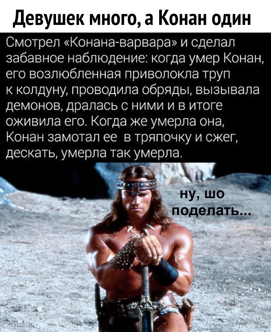 Девушек много а Конан один Смотрел Конана варвара и сделал забавное наблюдение когда умер Конан его возлюбленная приволокла труп к колдуну проводила обряды вызывала демонов дралась с ними и в итоге оживила его Когда же умерла она Конан замотал ее в тряпочку и сжег дескать умерла так умерла 3315