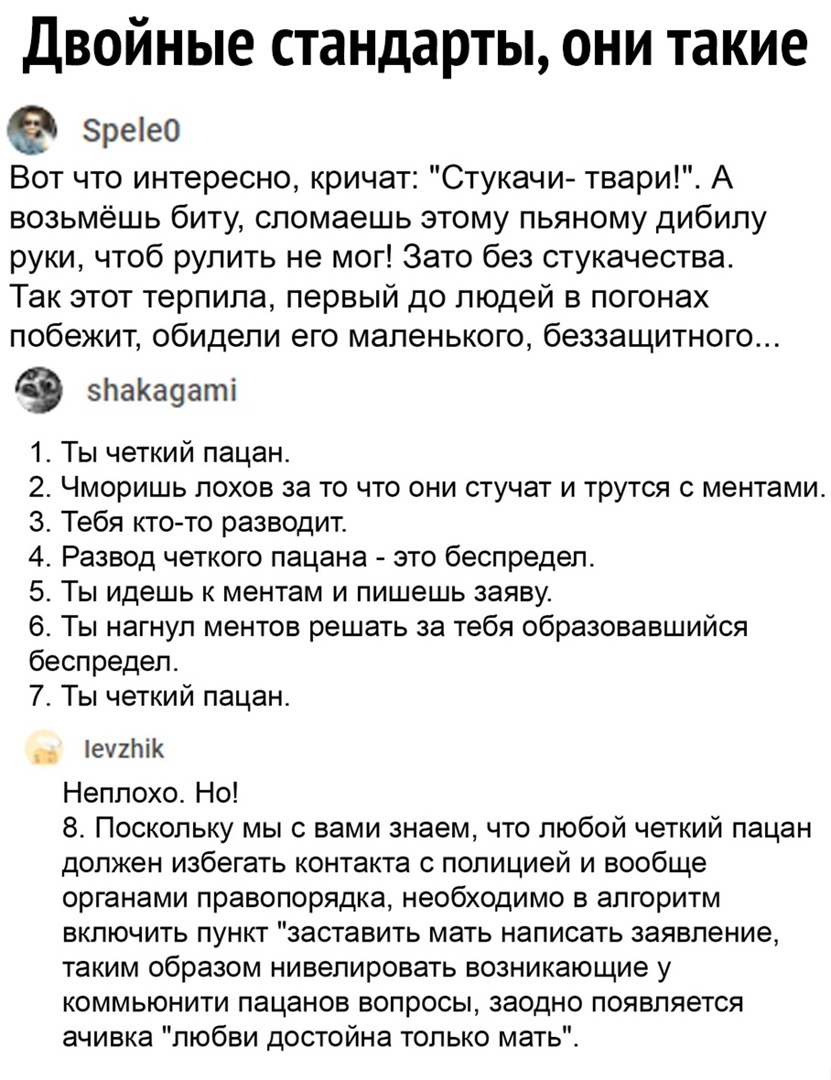 Двойные стандарты они такие рее0 Вот что интересно кричат Стукачи твари А возьмёшь биту сломаешь этому пьяному дибипу руки чтоб рулить не мог Зато без стукачества Так этот терпипа первый до людей в погонах побежит обидели его маленького беззащитного ЬаКа9аті 1 Ты четкий пацан 2 Чморишь лохов за то что они стучат и трутся с ментами З Тебя ктото разводит 4 Развод четкого пацана это беспредел 5 Ты ид