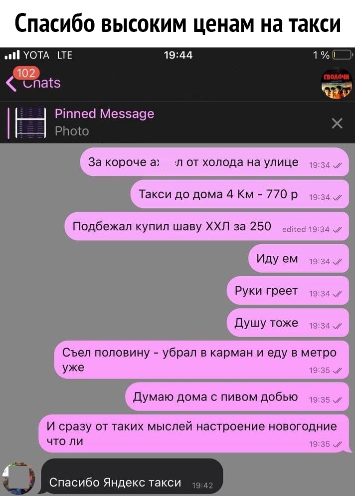 Спасибо высоким ценам на такси УОТА _ТЕ атз Ріппесі Меа9е _ РПосо За короче а л от холода на улице ц Такси до дома 4 Км 770 р 34 Подбежап купил шаву ХХЛ за 250 ю _ ИДУ ем п и Руки греет 34 ДУШУ тоже 4 и Съеп половину убрал в карман и еду в метро уже то 35 м Думаю дома с пивом добью 35 И сразу ОТ ТЭКИХ МЫСЛЕЙ настроение НОВОГОДНИЭ ЧТО ПИ 19 35 Яндекс такси 1942