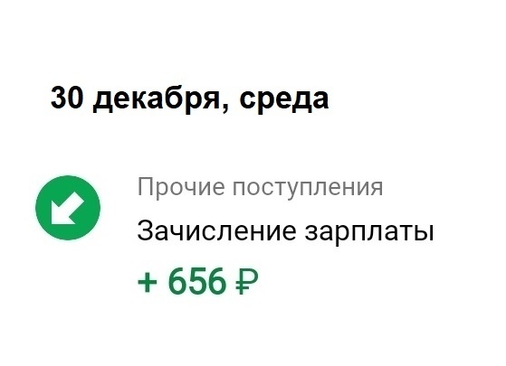 30 декабря среда 0 Прочие поступления Зачисление зарплаты 656Р