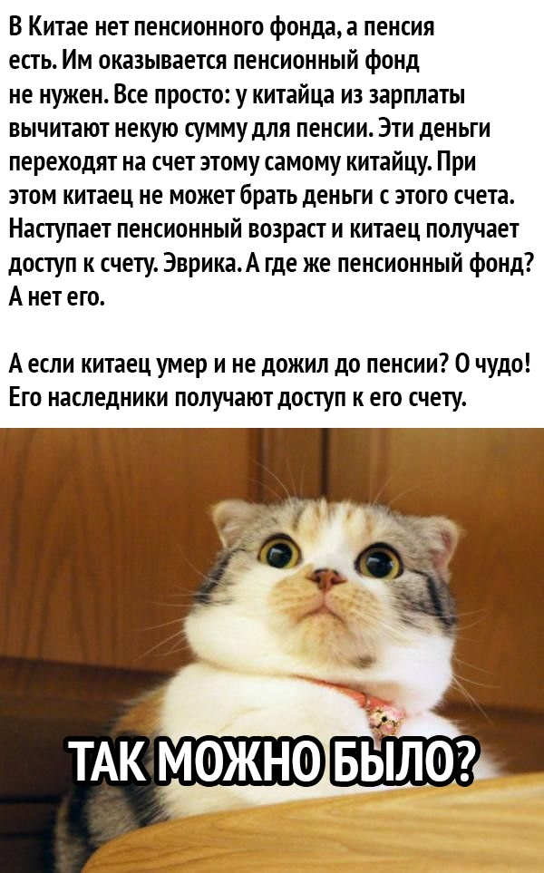 В Китае нет пенсионного фонда а пенсия есть Им оказывается пенсионный фонд не нужен Все просто у китайца из зарплаты вычитают некую сумму для пенсии Эти деньги переходят на счет этому самому китайцу При этом китаец не может брать деньги с этого счета Наступает пенсионный возраст и китаец получает доступ к счету ЭврикаА где же пенсионный фонд А нет его А если китаец умер и не дожил до пенсии 0 чудо