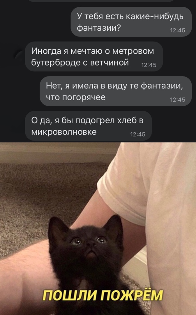 У тебя есть какие нибудь фантазии 1245 Иногда я мечтаю о метровом бутерброде ветчиной 1245 Нет я имела в виду те фантазии ЧТО ПОГОРЯЧее 1245 О да я бы подогрел хлеб в микроволновке 1245