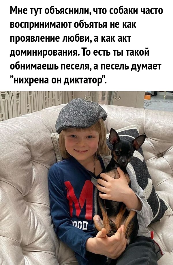 Мне тут объяснили что собаки часто воспринимают объятья не как проявление любви а как акт доминированияТо есть ты такой обнимаешь песеля а песель думает нихрена он диктатор что 1 П